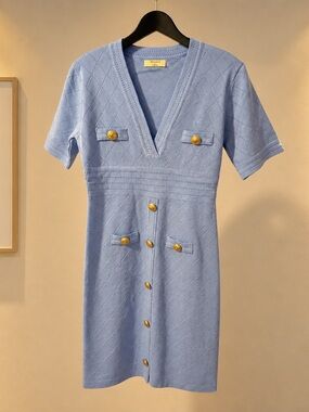 Think! Pale Blue V‑Neck Knit Midi Dress with Gold Buttons